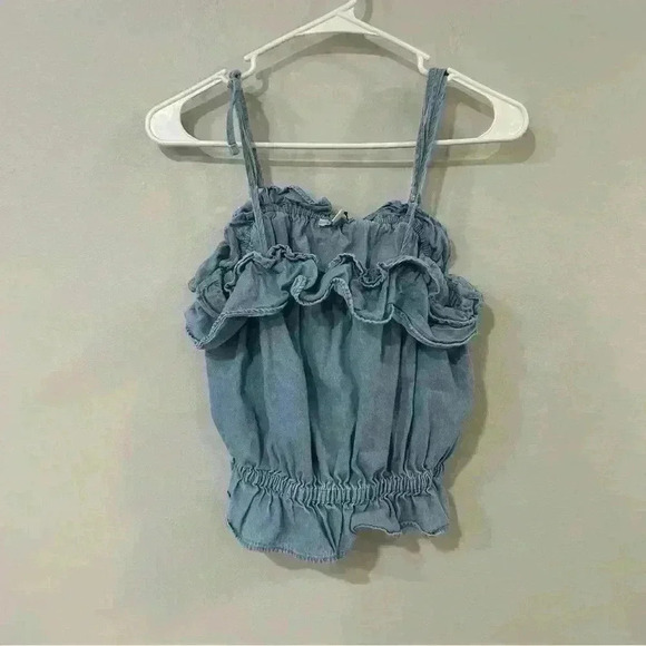 American Eagle Denim Boho Ruffle Blue Sleeveless Crop Top Women’s Size Medium - Picture 1 of 5